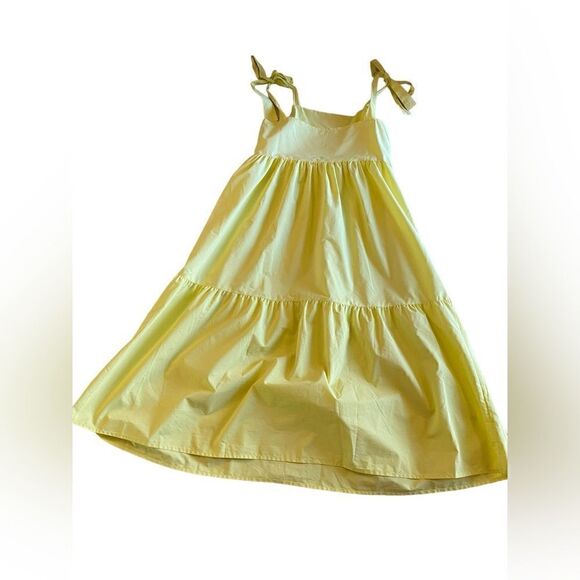 EUC Yellow Stradivarius Tiered PoplinMidi Dress with Bunny Ties - Picture 5 of 9